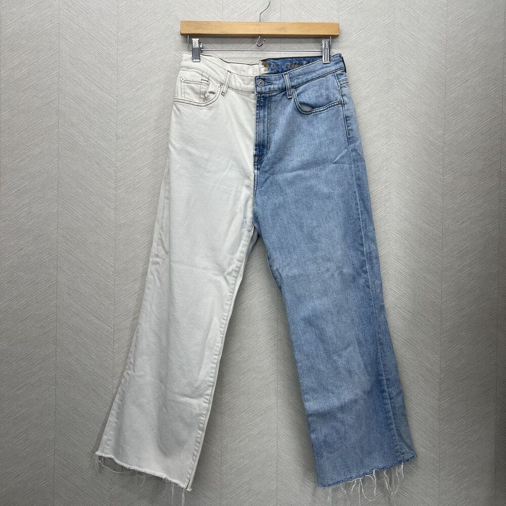 7 for all Mankind Cropped Alexa Raw Hem Colorblock White and Blue Jeans Womens S - Picture 2 of 16